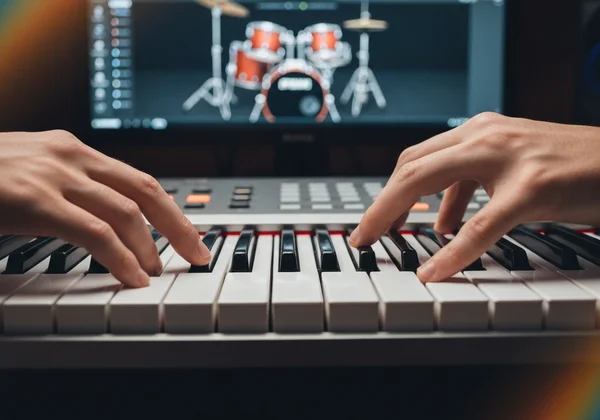 Hands on keyboard playing a basic rock drum beat