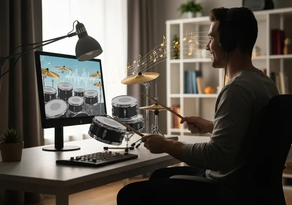 Person joyfully playing drums on a virtual platform