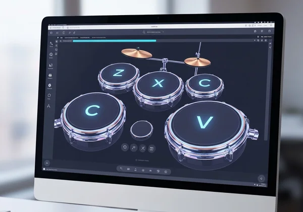 Screenshot of a virtual drum set with keyboard mapping