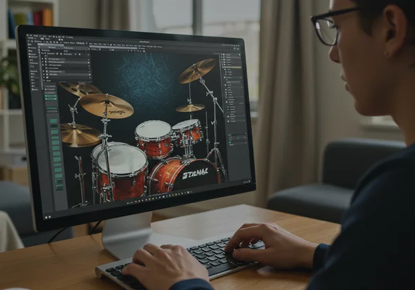 Person playing virtual drums on a computer keyboard