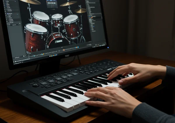 มือวางบนคีย์บอร์ดพร้อมอินเทอร์เฟซชุดกลองเสมือนจริง