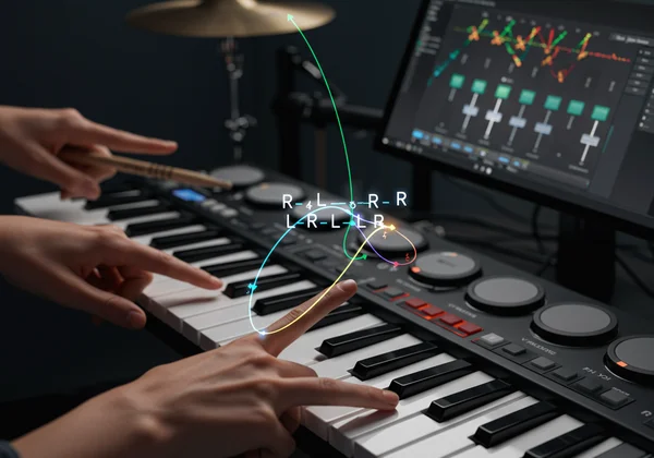 นิ้วกำลังเล่น Paradiddle บนชุดกลองเสมือนจริง