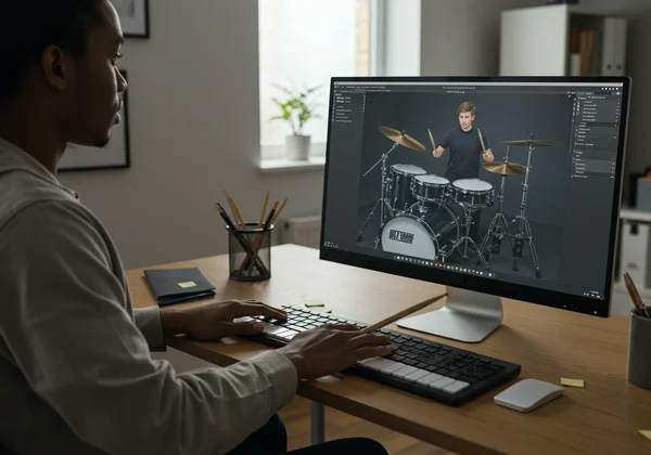 บุคคลกำลังฝึกตีกลองบนชุดกลองเสมือนจริงออนไลน์