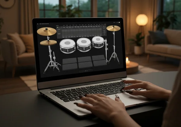 Screenshot of a virtual drum set interface online
