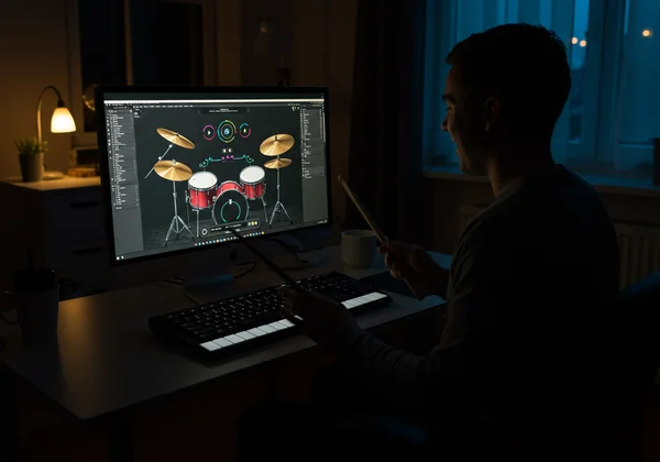 Person happily playing virtual drums on a keyboard at home
