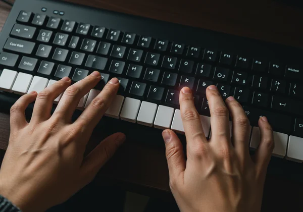 Hands on keyboard demonstrating drum beat coordination.