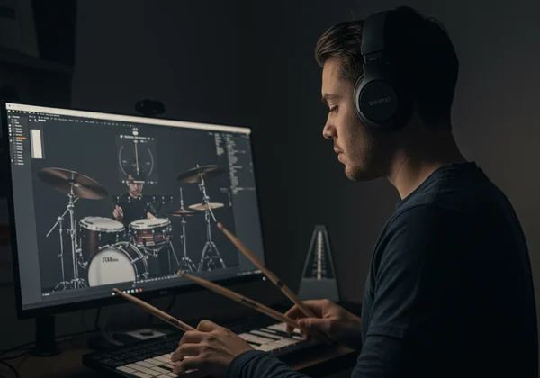 Person practicing virtual drums with headphones, focused.