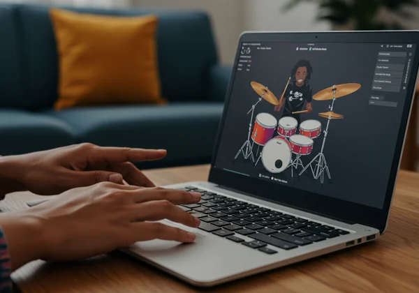 Person joyfully learning drums on a laptop at home.