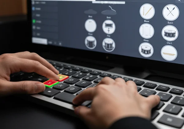 Keyboard showing virtual drum key mapping for easy play
