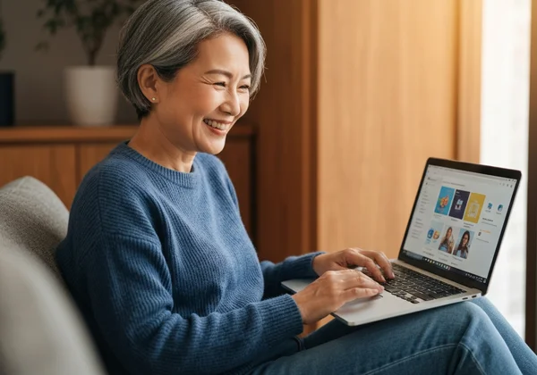 Person playing virtual drums on a laptop with a happy expression