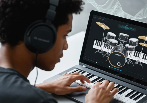 Person using headphones to practice drums with a virtual drum set