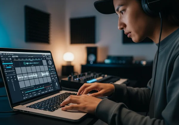 Orang mencipta rentak hip-hop pada kit dram maya