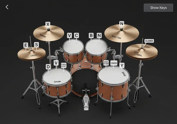 Virtual drum machine interface with keyboard keys