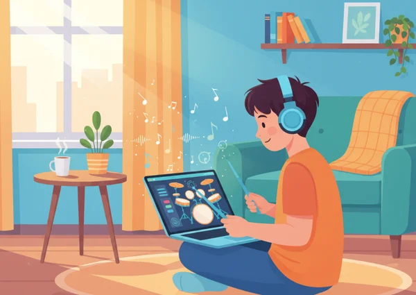 Person learning drums online with music theory